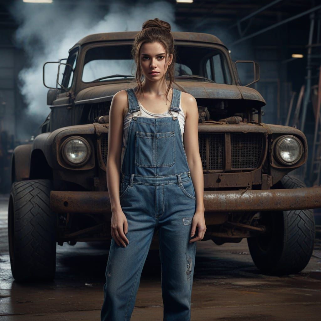 Girl Posing in Car Repair Garage in Industrial Style