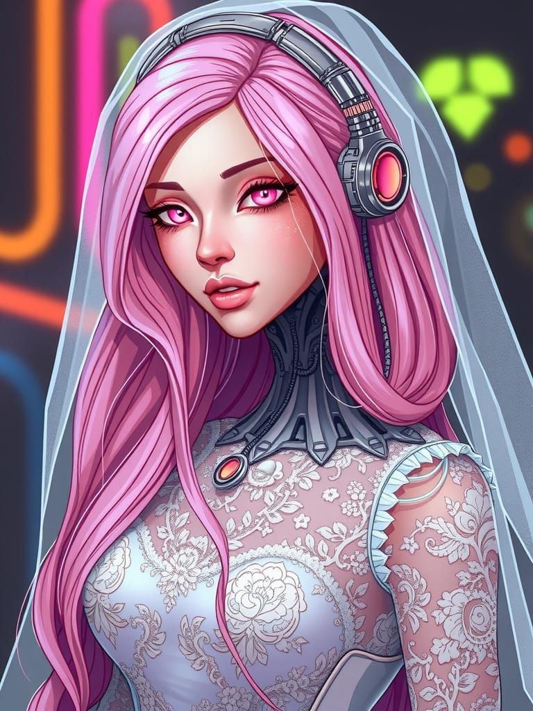 Cybernetic Woman in Wedding Dress: Anime-Inspired Portrait