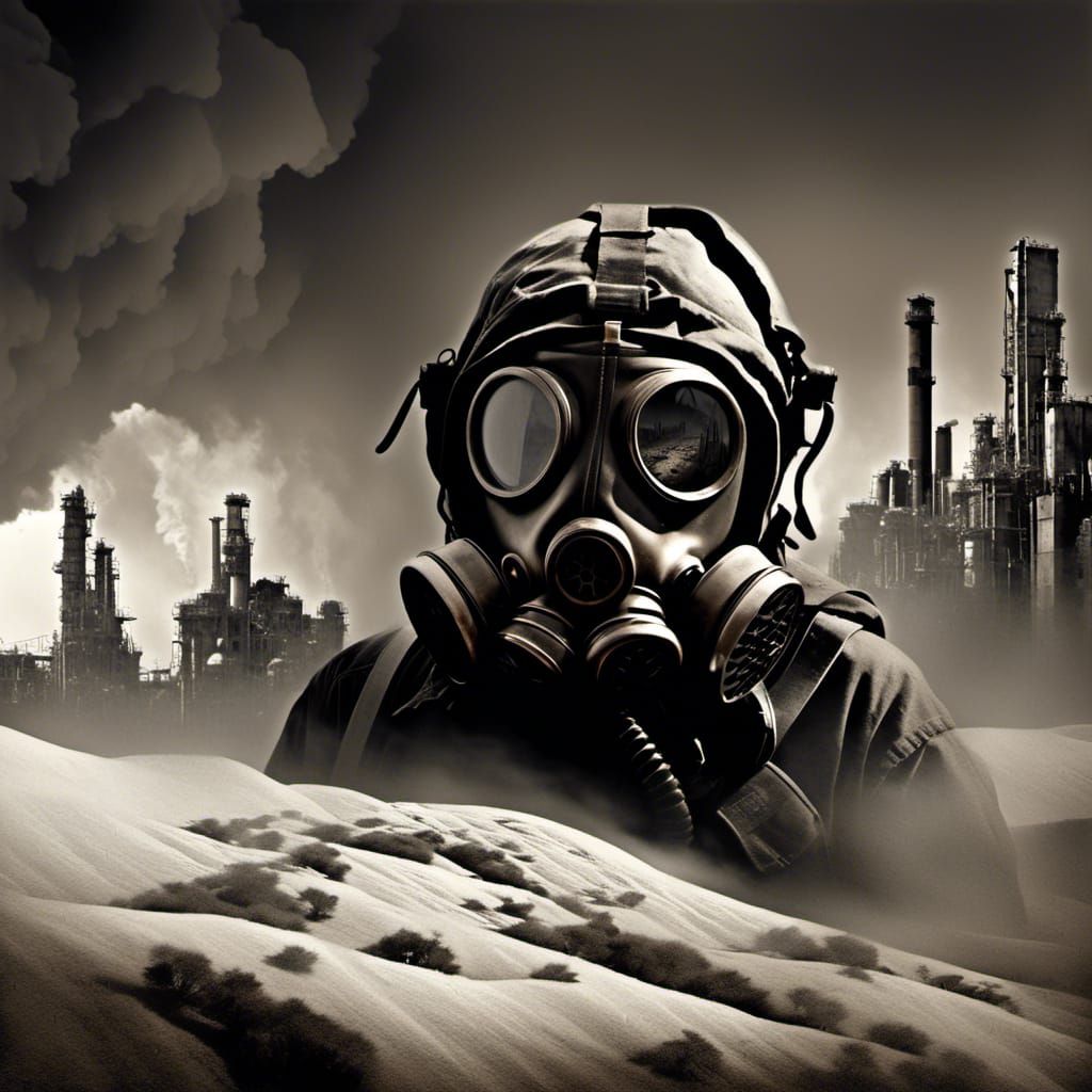 Gas Mask in Dystopian Dieselpunk Double Exposure