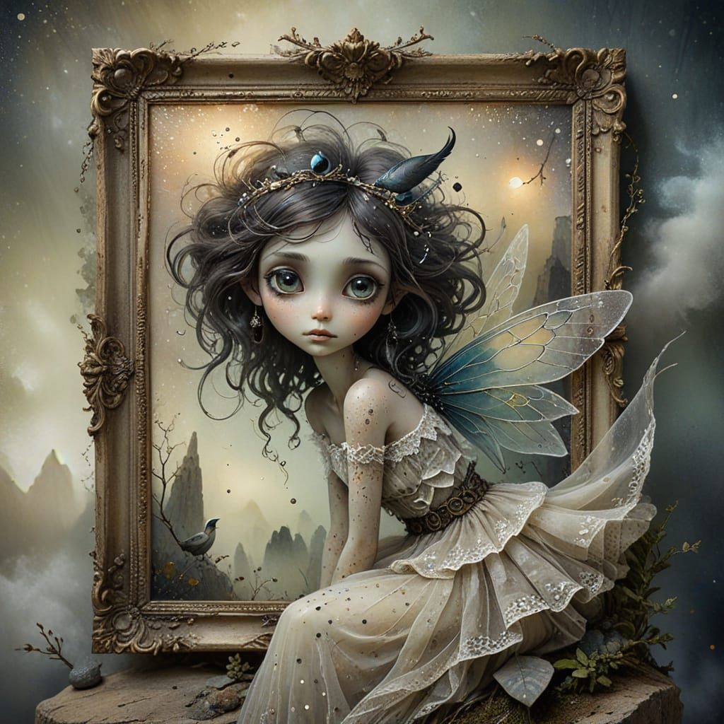 Bohemian Fairy Peering from Distressed Picture Frame