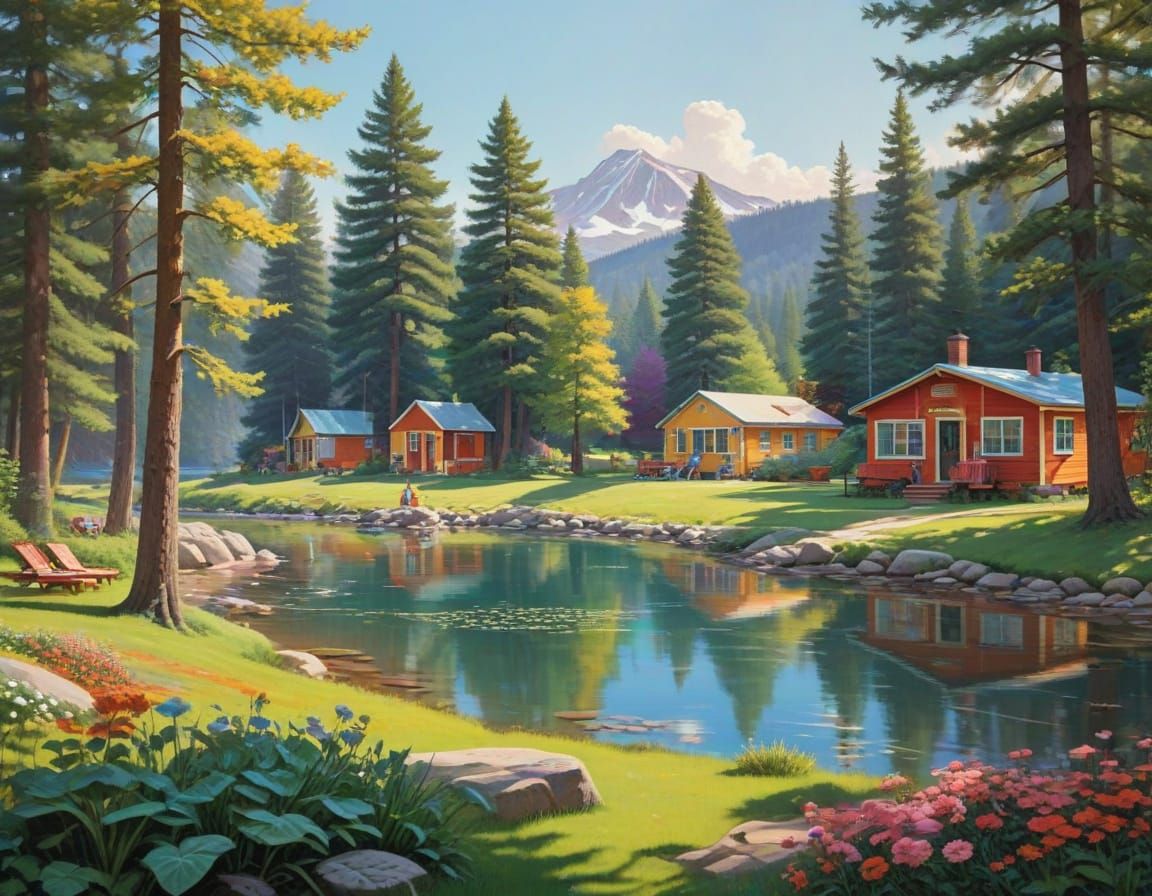 Vibrant Summer Camp Scene in Retro Style