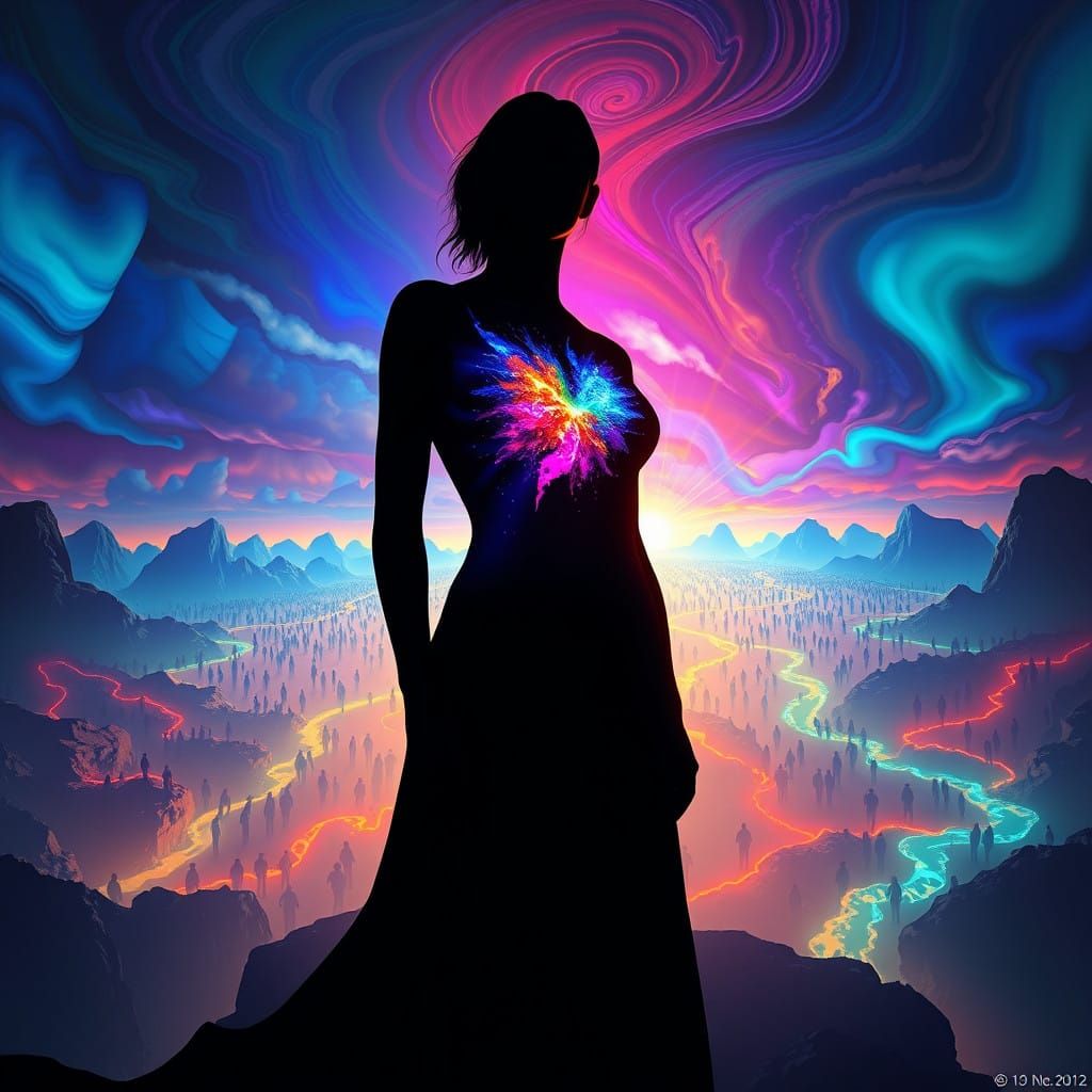 Surreal Goddess in Iridescent Glow, Radiant Core, and Swirli...