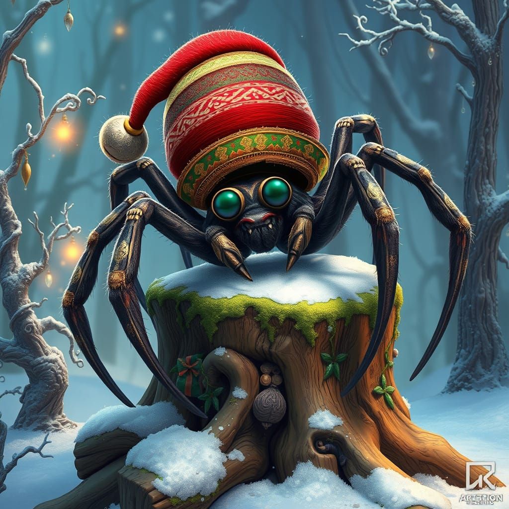 Gigantic Spider in Whimsical Christmas Hat atop Ancient Tree...