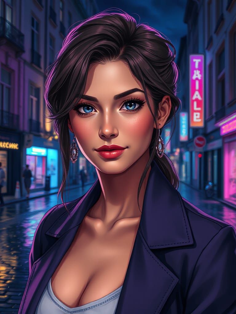 Anime Portrait of a European Model in Neon City Night