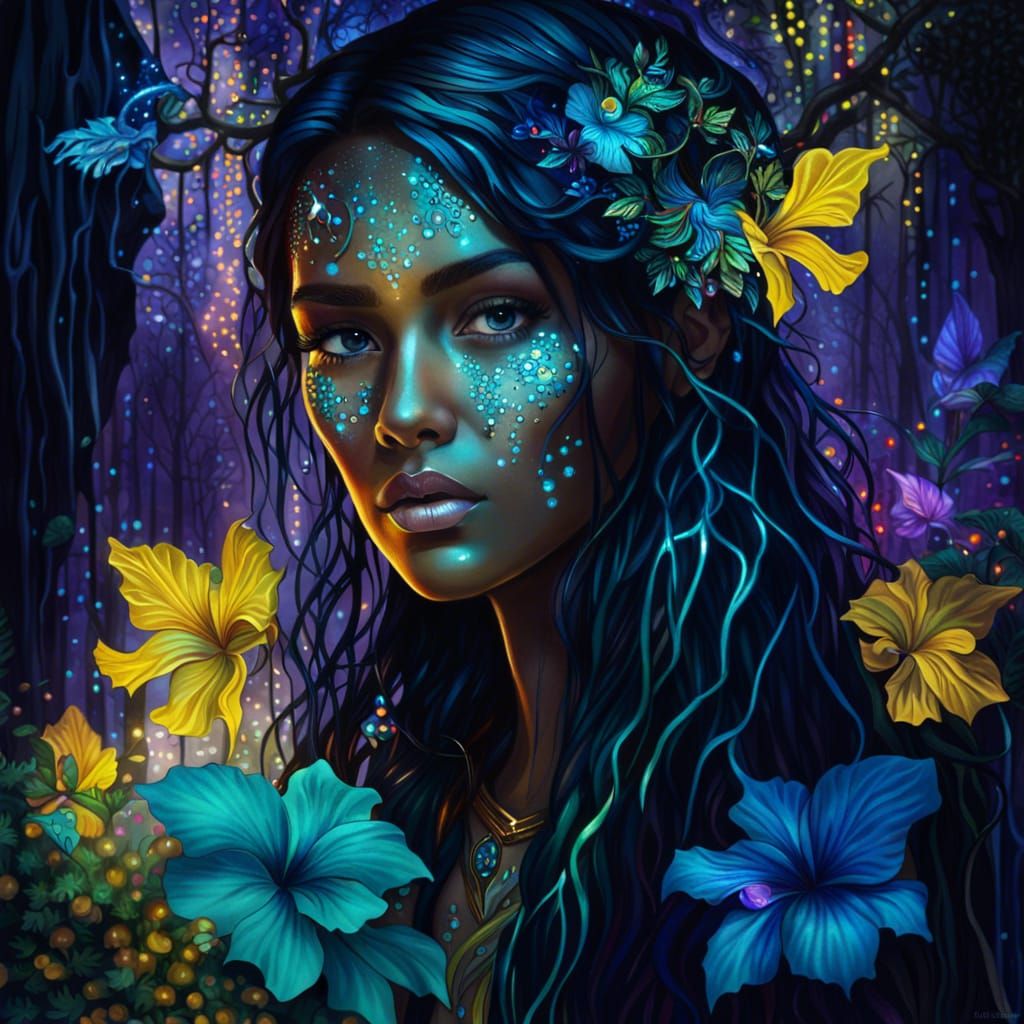 Iridescent Elf Woman in a Glittering Jungle