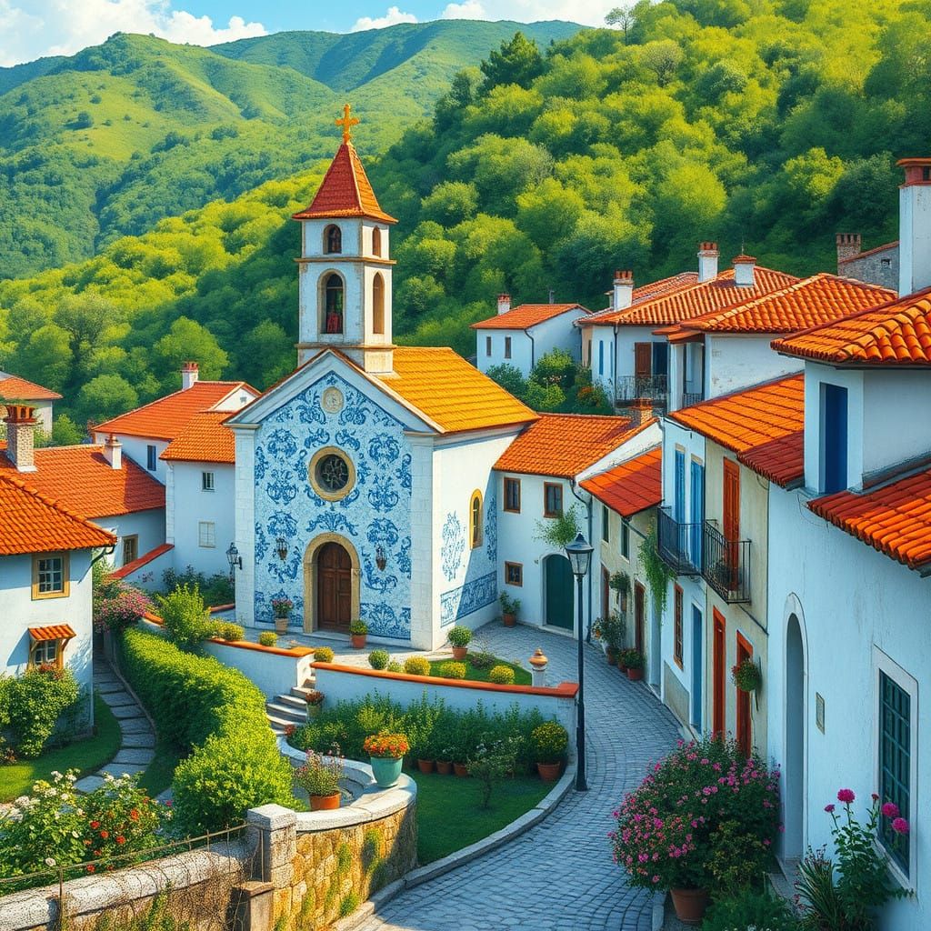 Portuguese Village Scene in Azure and White