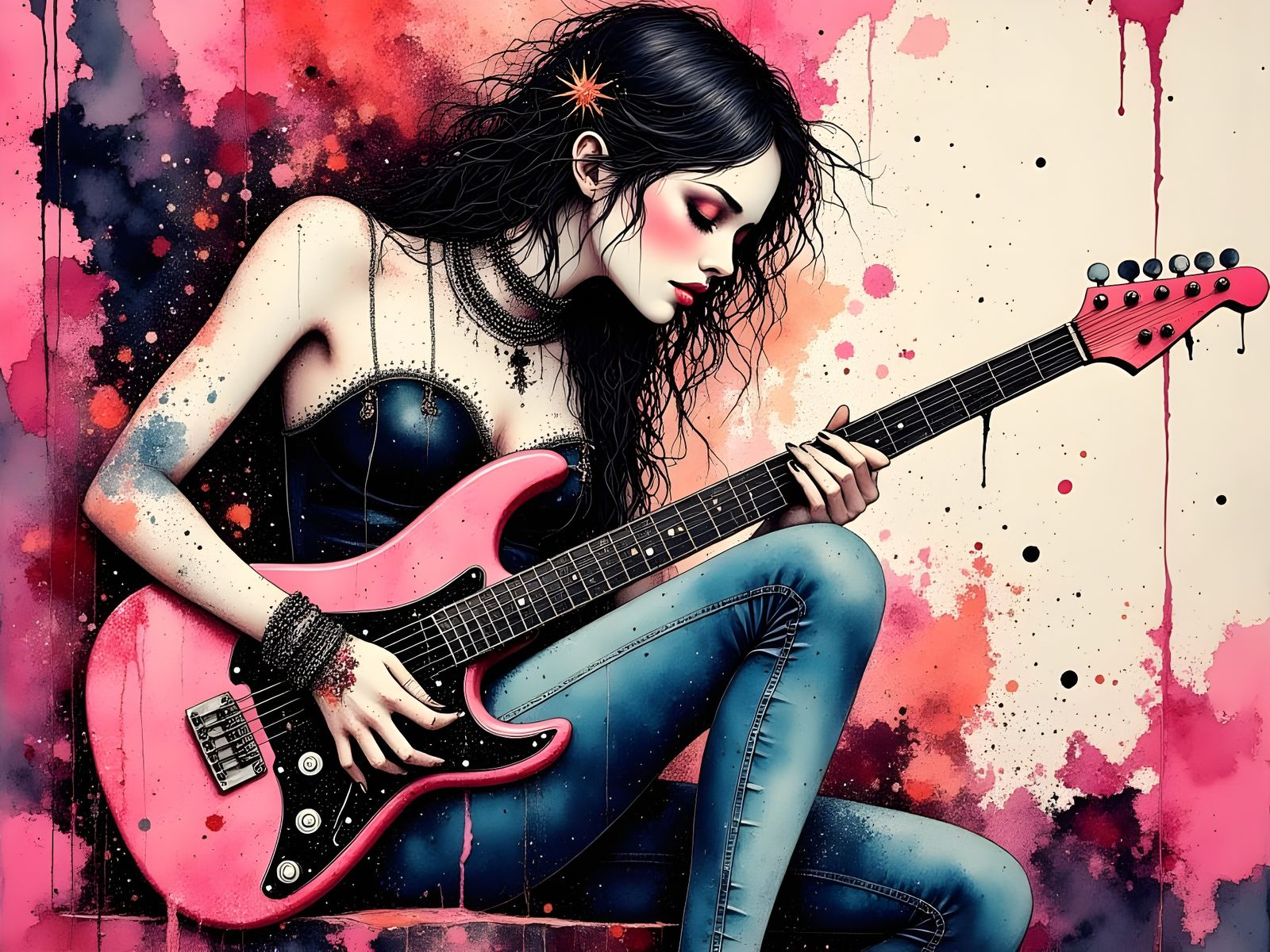 Edgy Punk Rocker Woman Plays Melting Pink Guitar