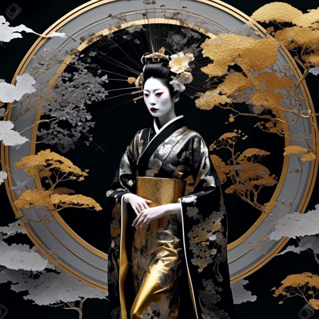 Art Deco Geisha in Black, Gold, and Silver