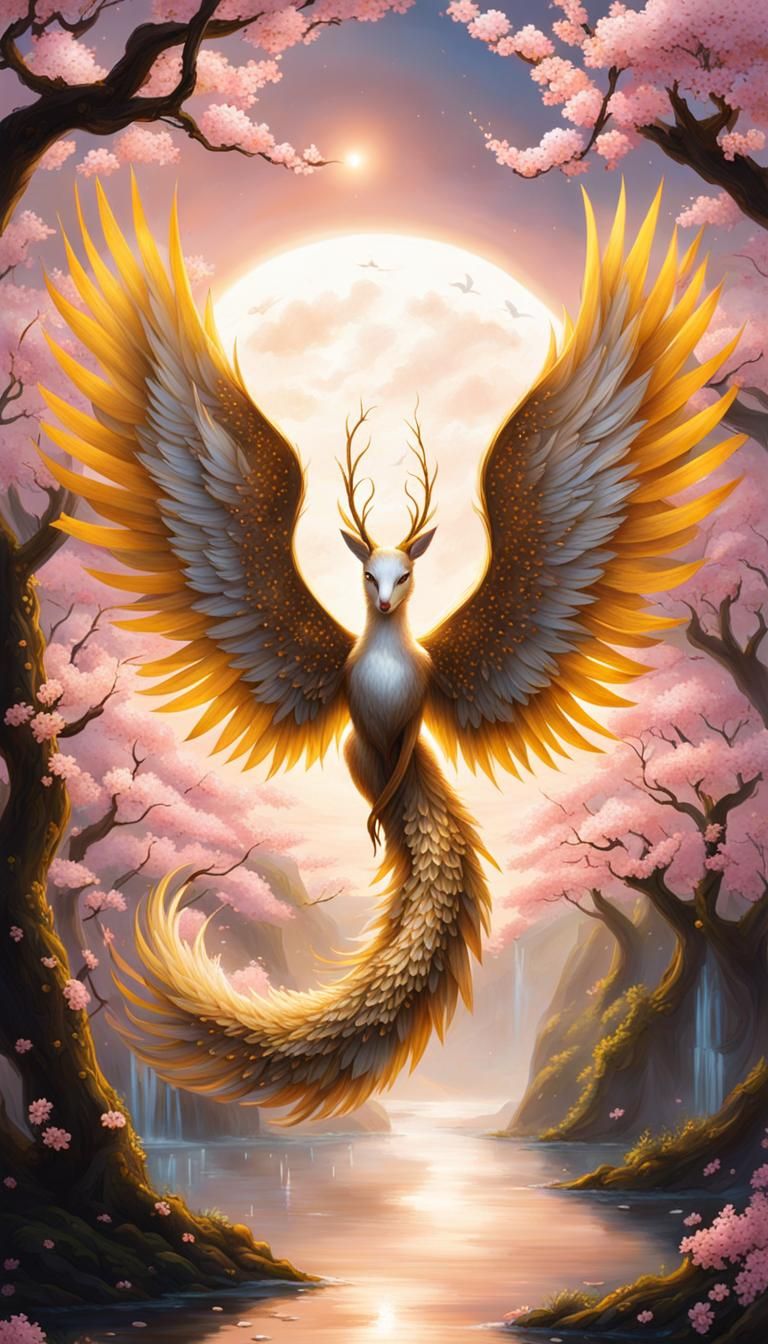 Winged Mystical Being in Cherry Blossom Garden