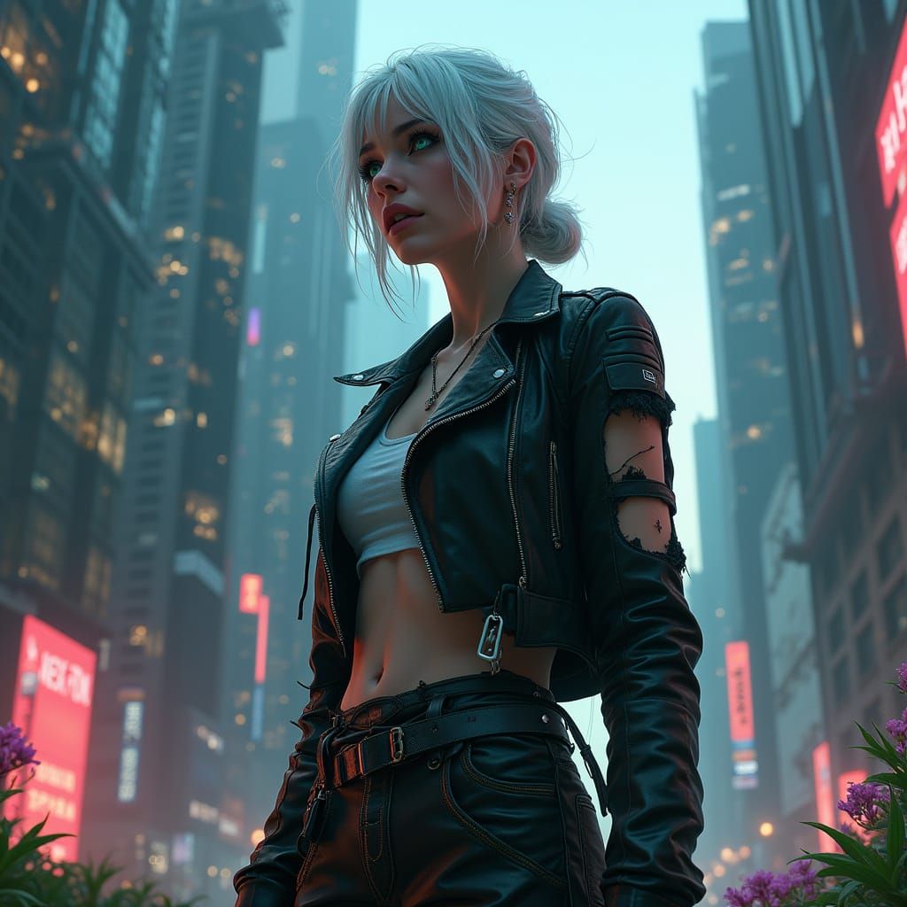 Confident Warrior in Futuristic Cityscape at Dusk