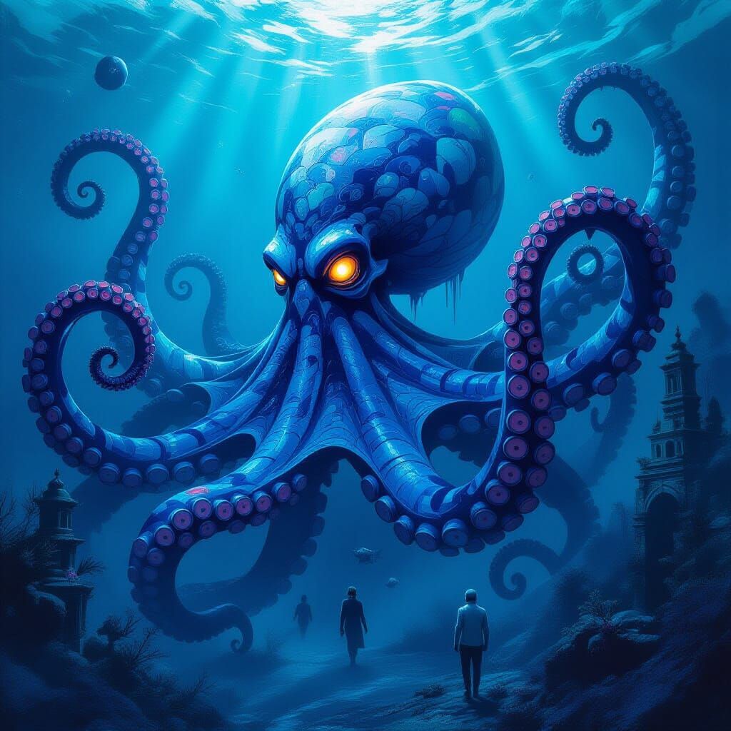 Surreal Underwater Odyssey With Ink Octopus and Melting Pala...