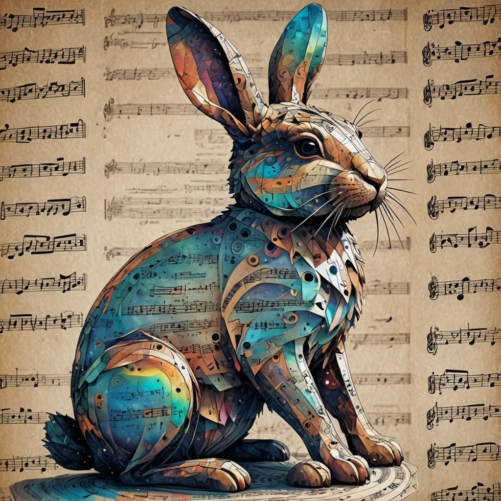 Sheet Music Bunny in Holographic Cosmic Style