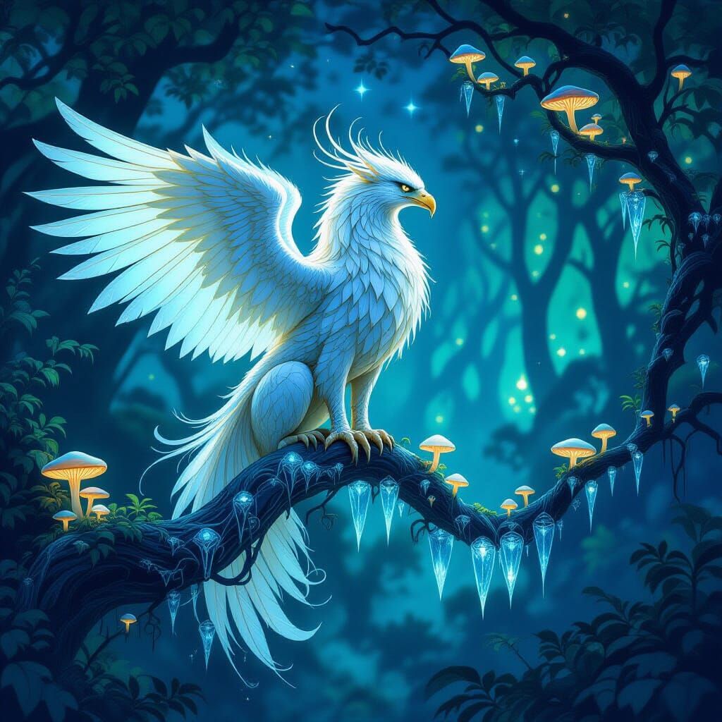 Gryphon of Spider Silk on Crystal Branch in Twilight Forest