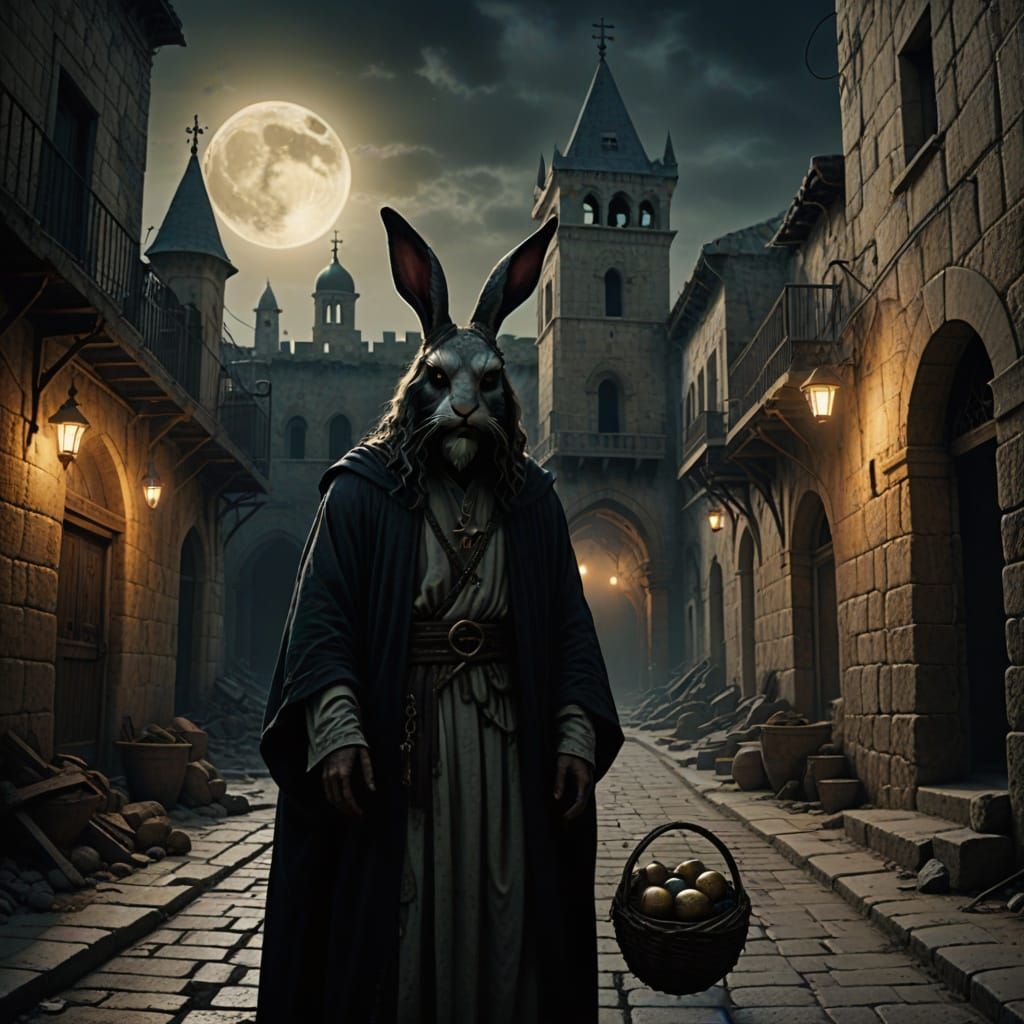Gothic Easter Bunny Jesus Lays Egg in Ancient Jerusalem