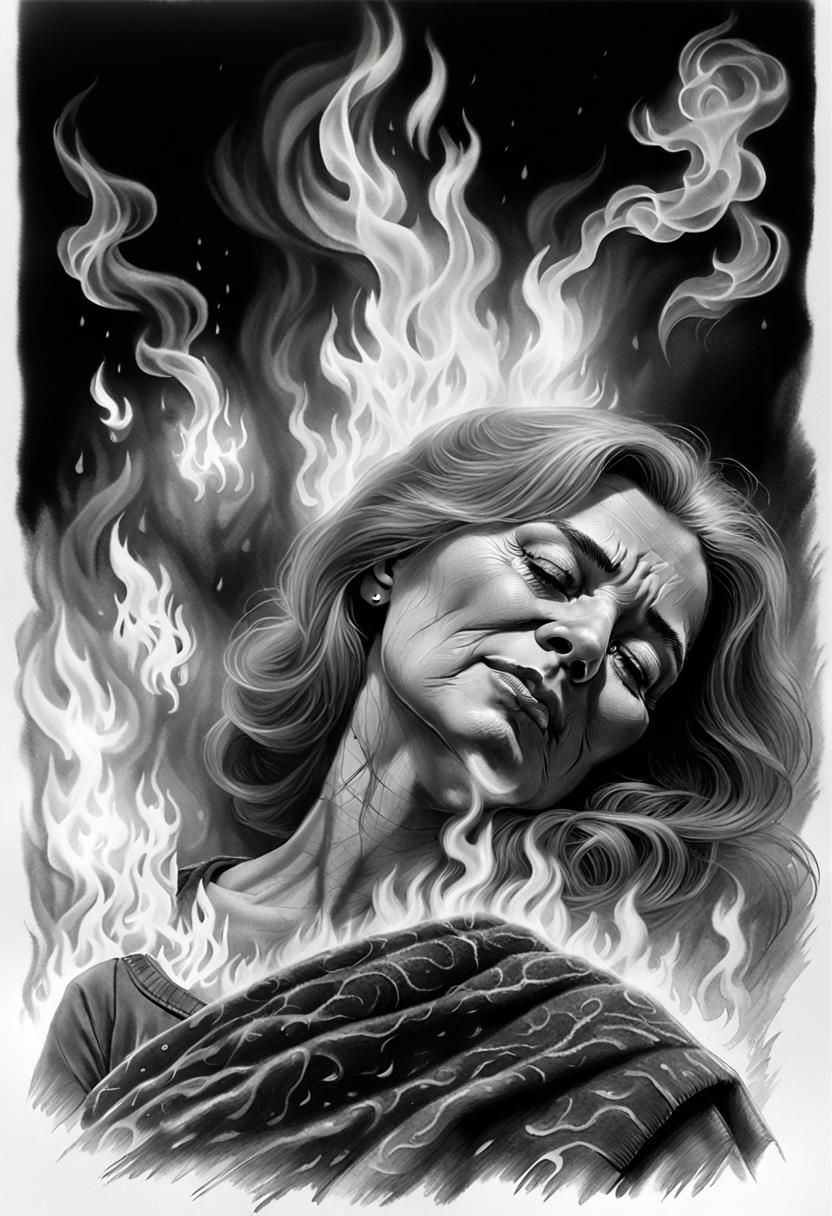 Woman Asleep in Flames: Hyperdetailed Charcoal Drawing