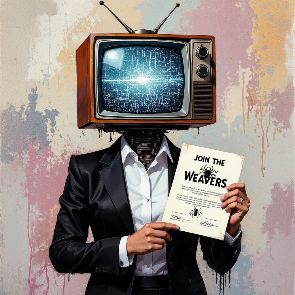 TV Head Person with Contract in Street Art Style