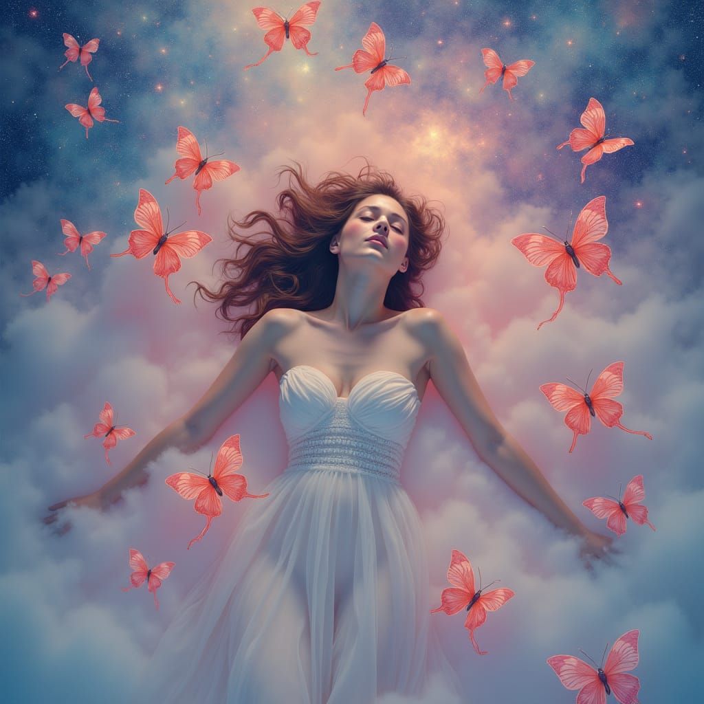 Woman in Butterfly Swarm Galaxy: Surreal Art