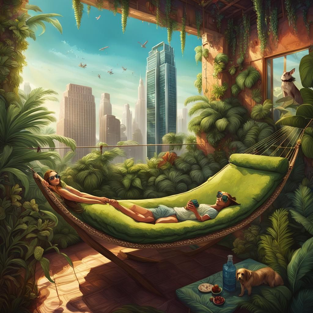 Solarpunk Rooftop Jungle with Hammock and Dog