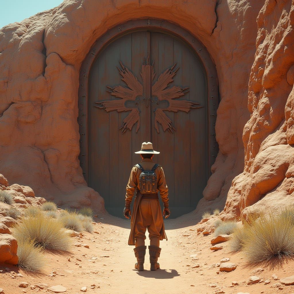 Colossal Rusted Door in Desert Mesa, Hyperrealistic Style