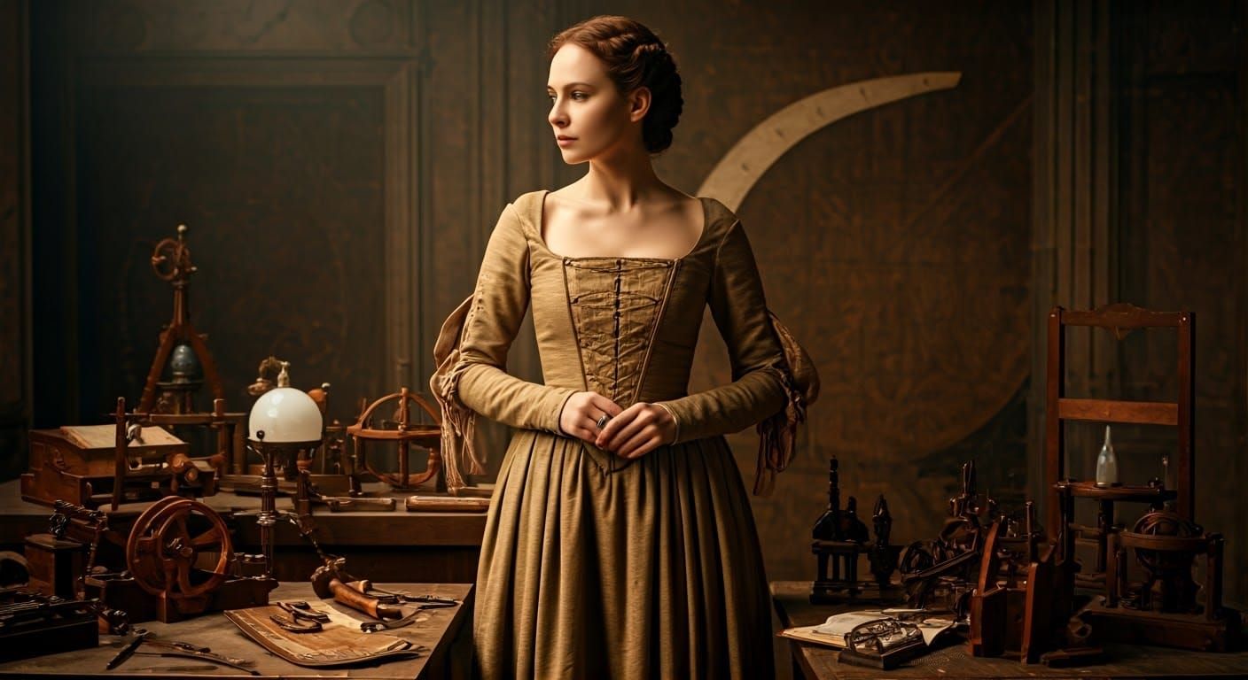 Renaissance Inventress in Elegant Attire, Surrounded by Curi...
