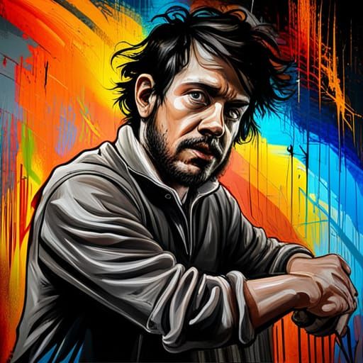 Street Art: Disheveled Man in Grey Jumpsuit