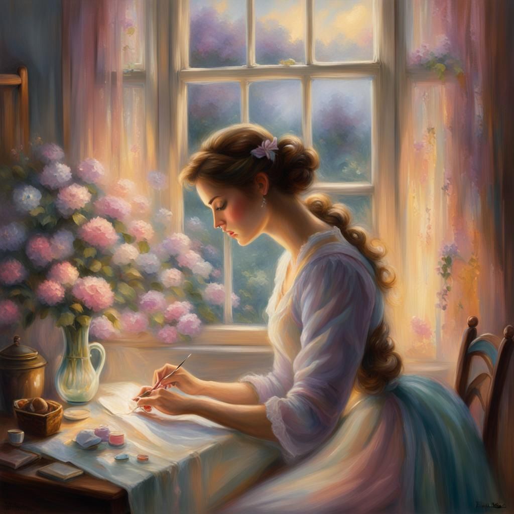 Ethereal Woman Sewing in Dreamy Pastel Hues