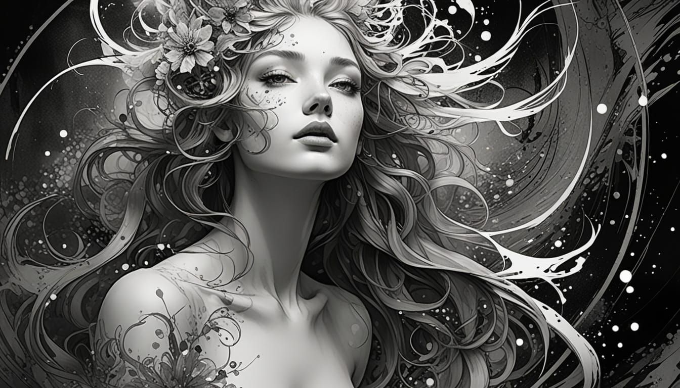 Iridescent Ink Abstract in Alphonse Mucha Style