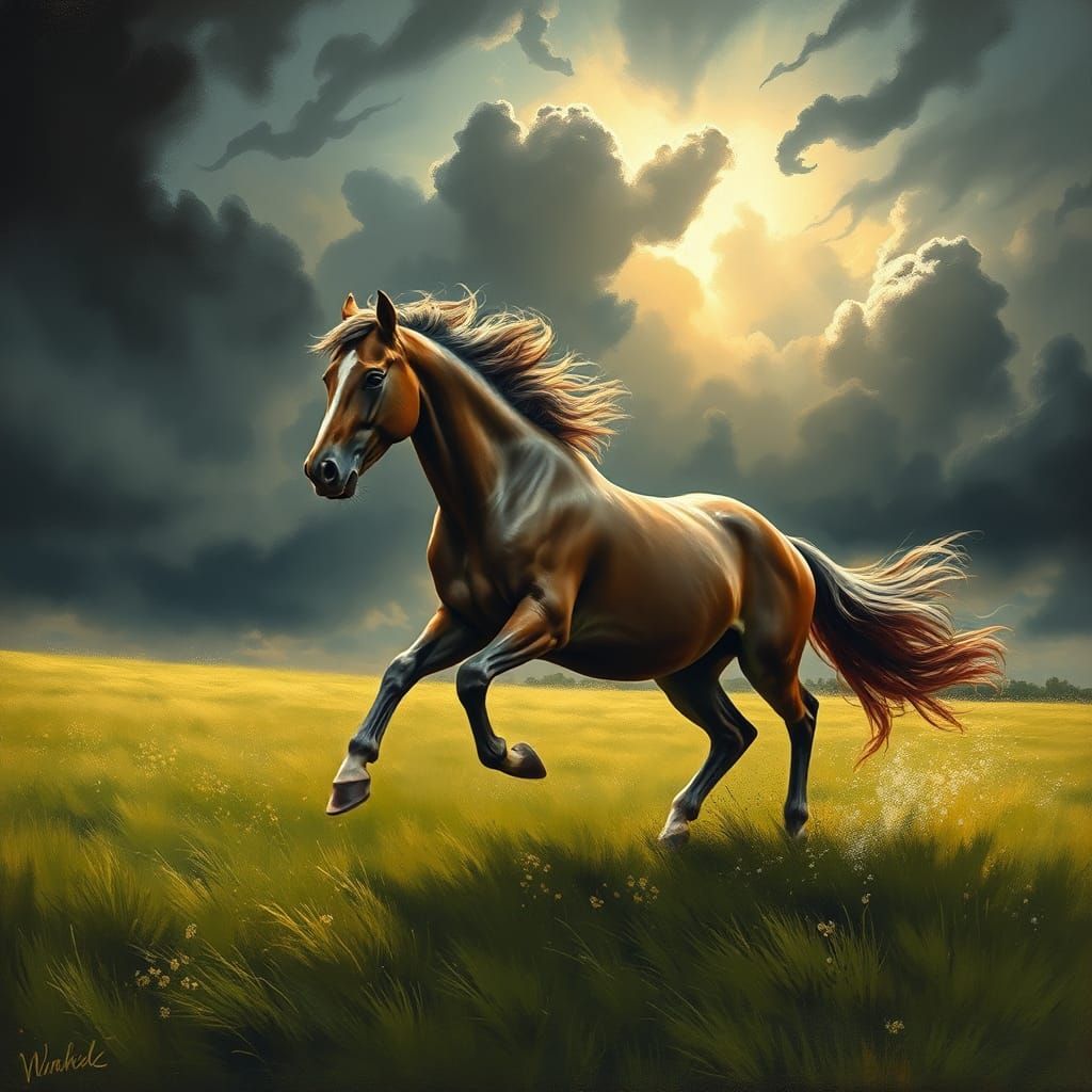 Majestic Horse Galloping in Storm, Impressionist Style