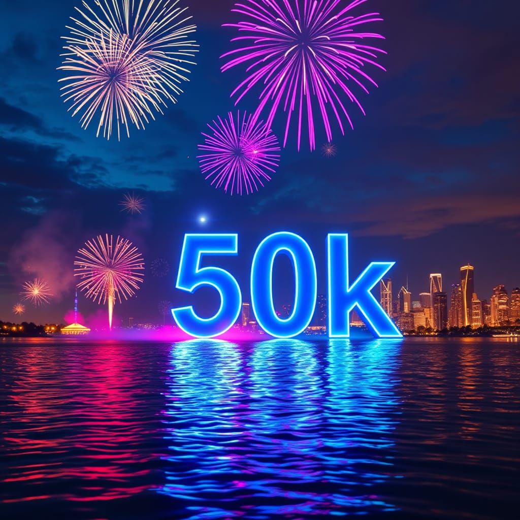 Illuminated 50K Milestone with Fireworks in Night Sky
