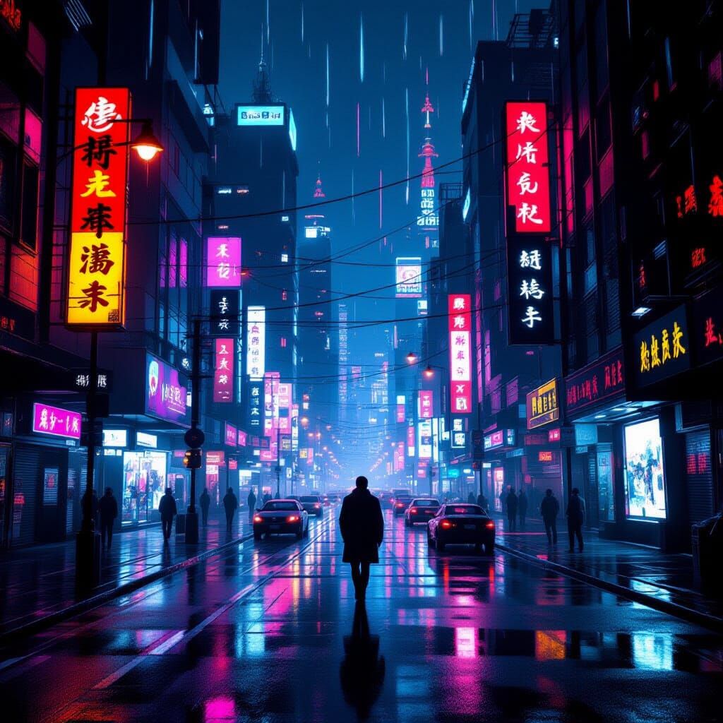 Cyberpunk City Street at Night with Nostalgic Vibe