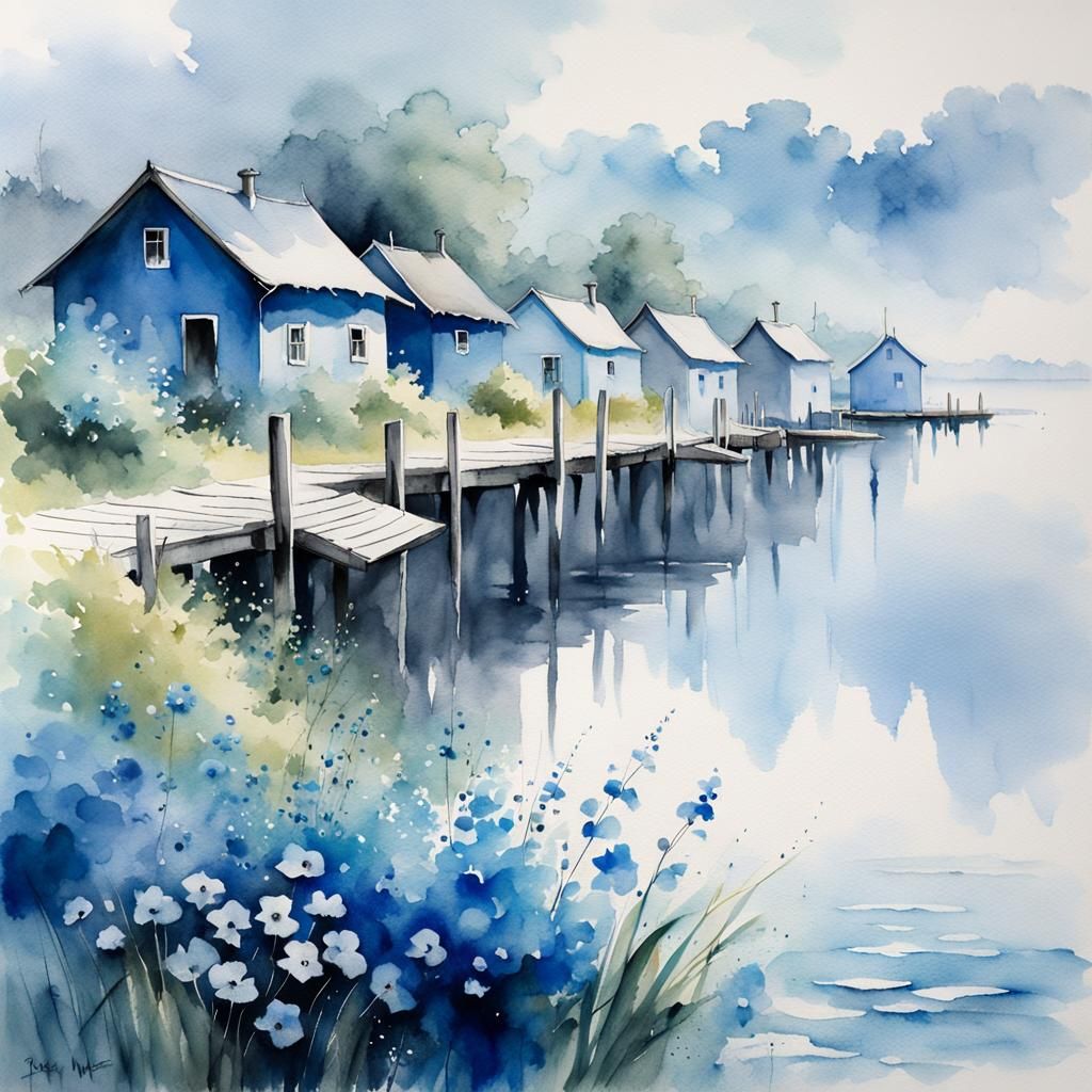 Blue Fishing Village: Watercolor Dreamscape in Soft Focus