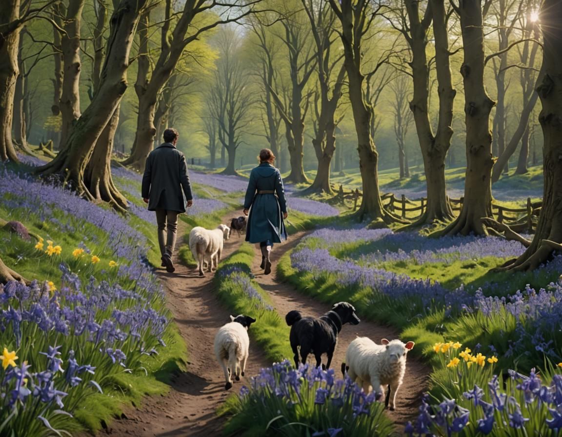 Bluebell Woodland Walk Under Looming Rain, Digital Painting