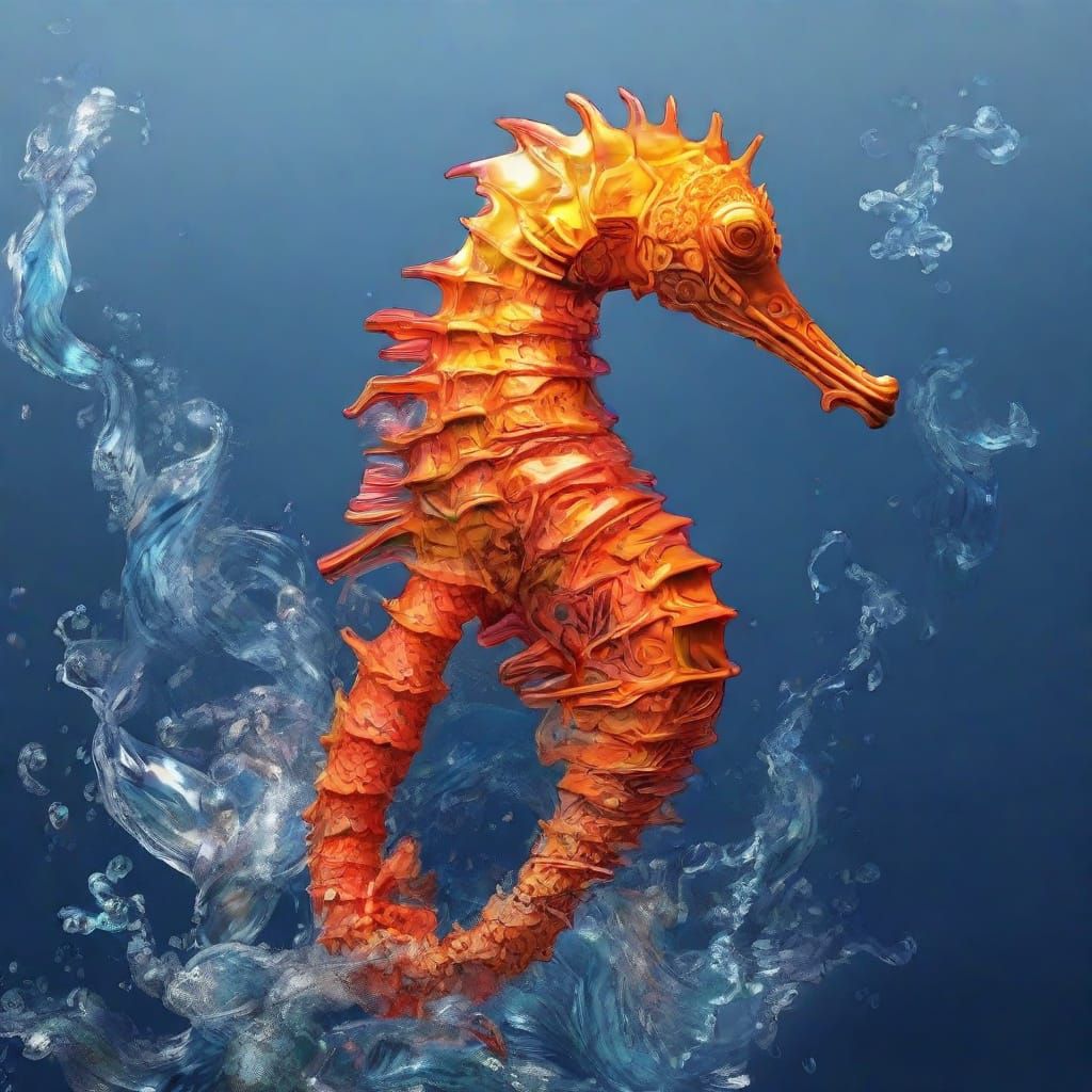 Vibrant Orange Seahorse Concept Art in Stylized Waves
