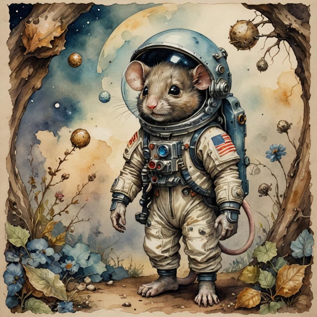 Adorable Astronaut Mouse in Antique Watercolor Style