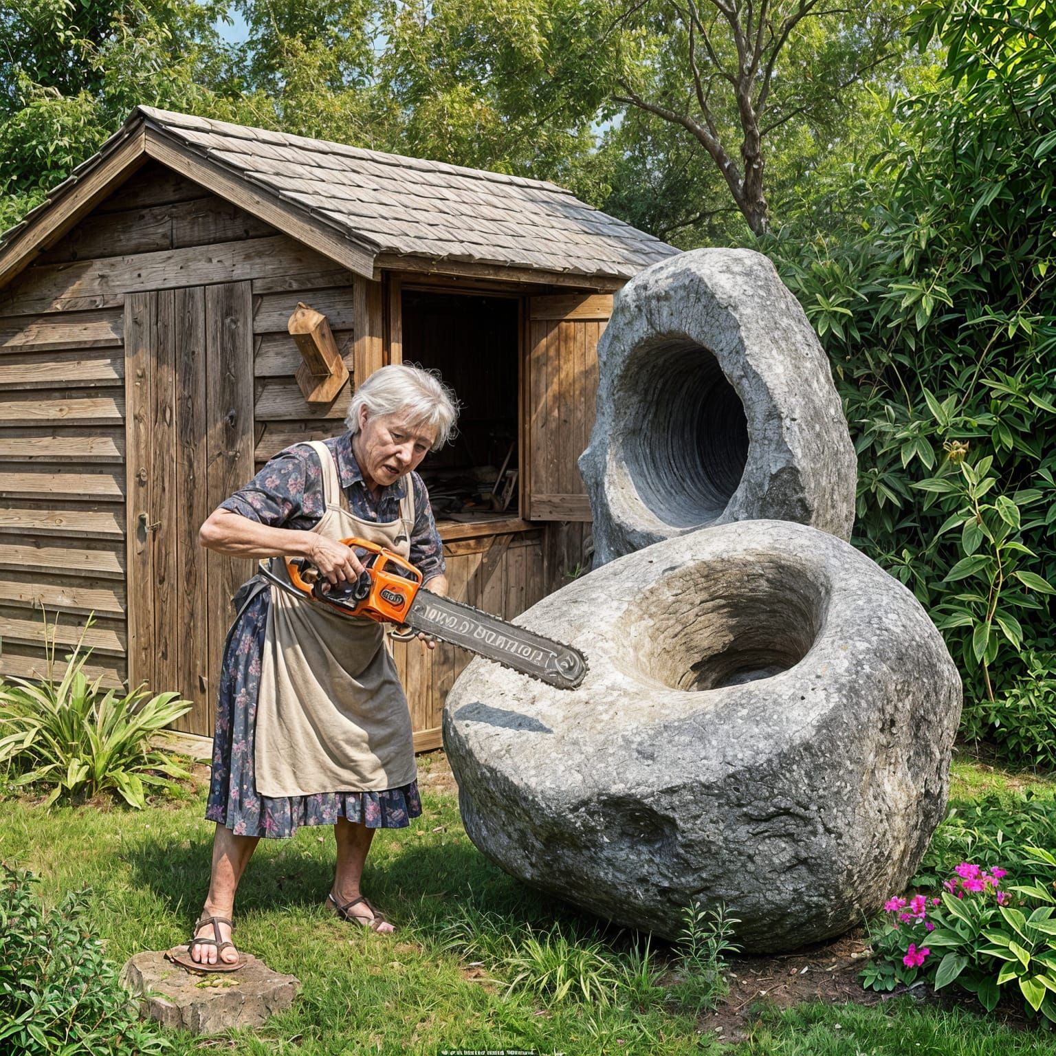 Fierce Woman Transforms Boulder with Chainsaw