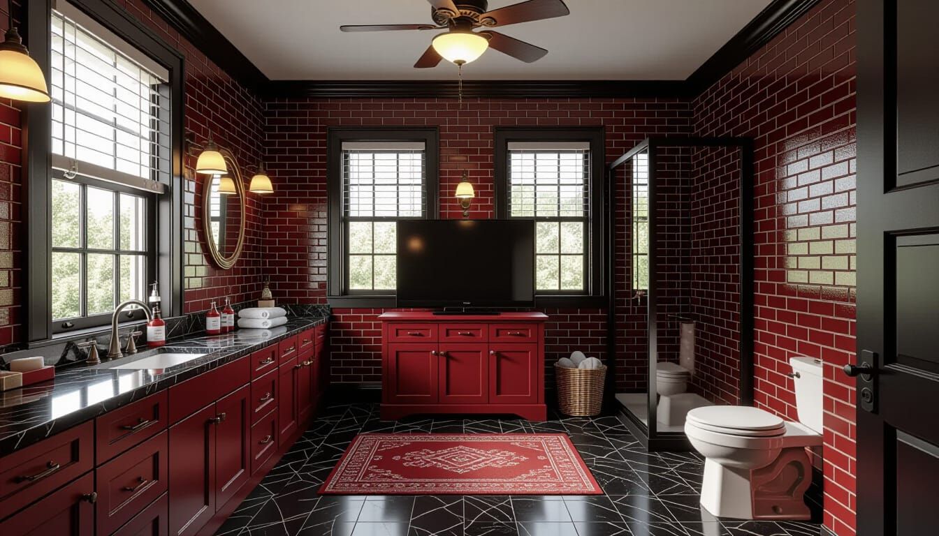 Victorian Bathroom with Brick Wallpaper and Marble Floor