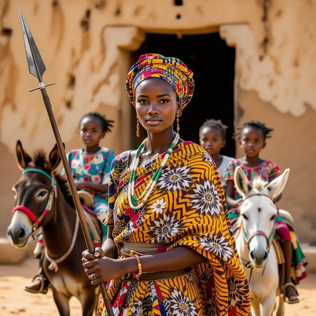 African Girl Leads Palace Guards: Vibrant Geometric Portrait