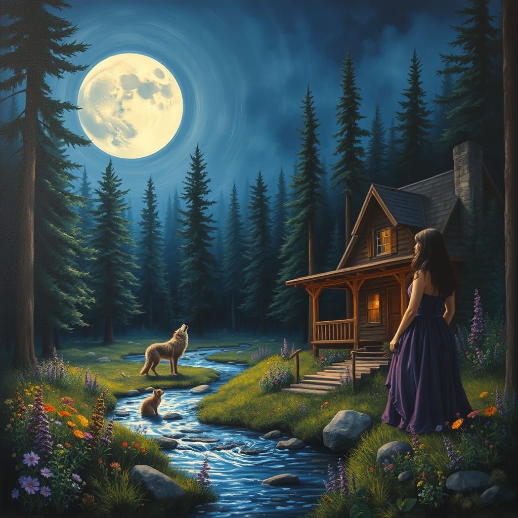 Mystical Cabin in Moonlit Forest with Wolf and Woman