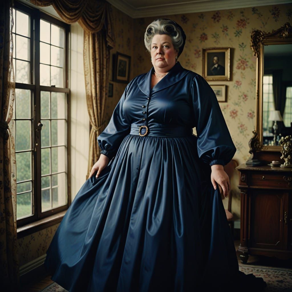 Tall Obese Overweight Big Beautiful Woman BBW Lady Wearing a navy blue tulle robe. Wearing a navy blue Voluminous Satin ...