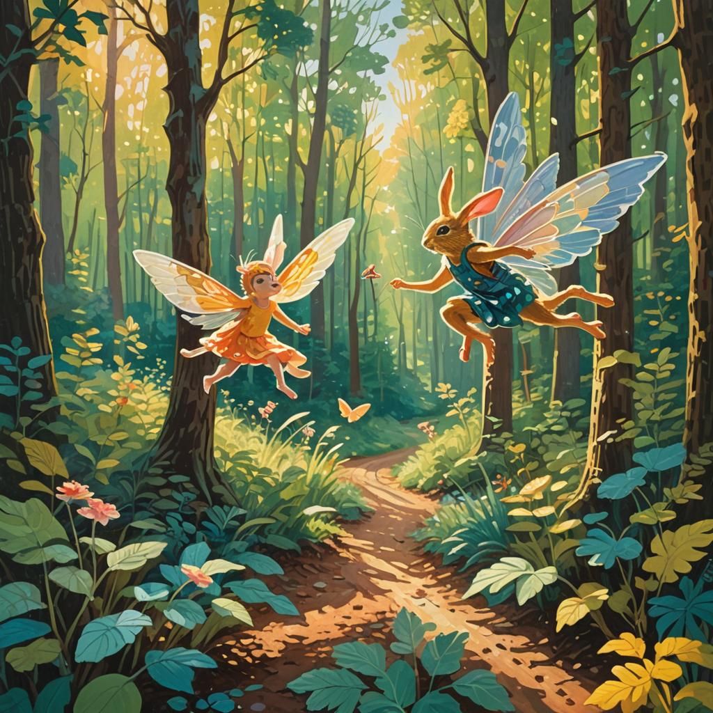Fairy in Forest with Winged Animals, Gouache Impressionist