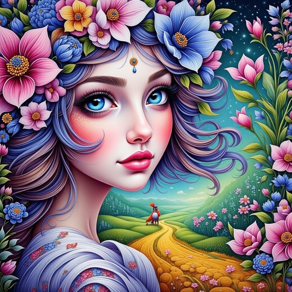 Ethereal Woman with Flowers, Dreamlike Digital Art
