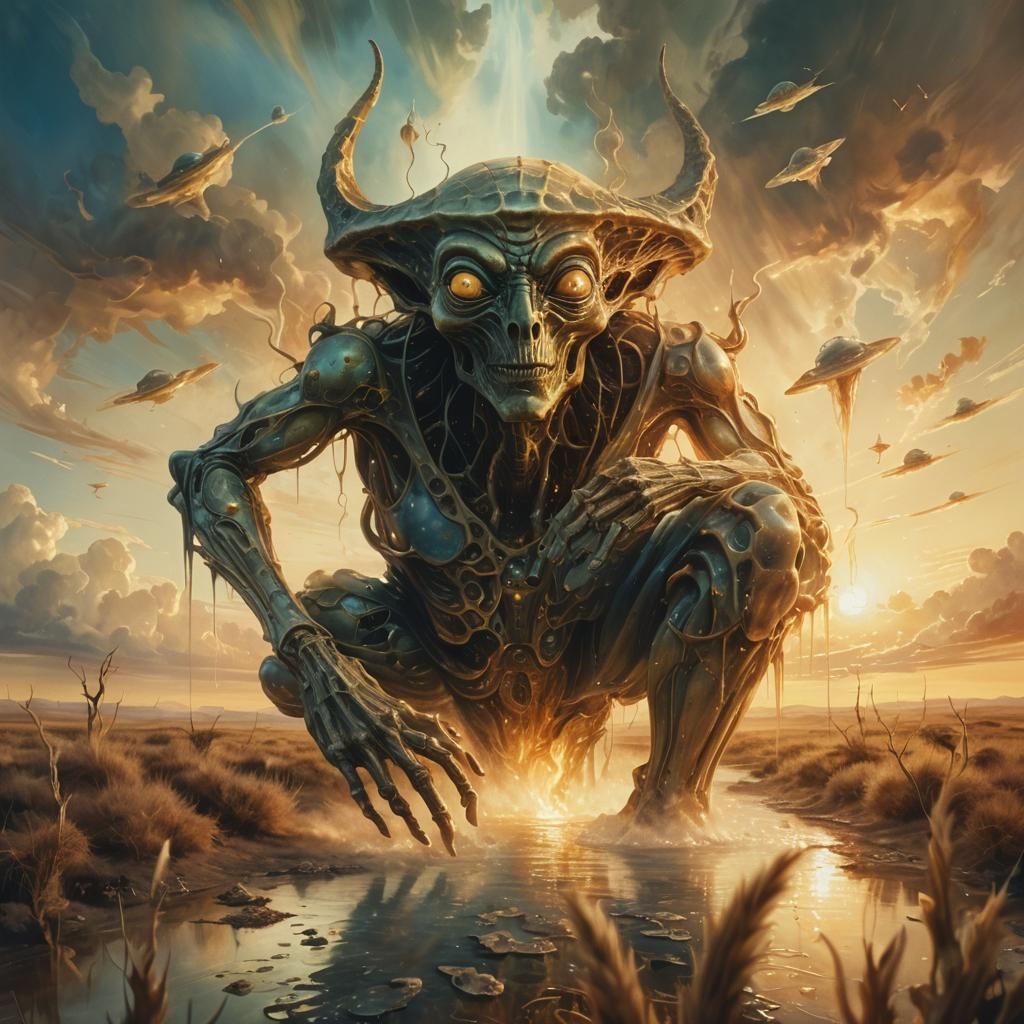Alien in Divine Light: Surrealist Oil Painting