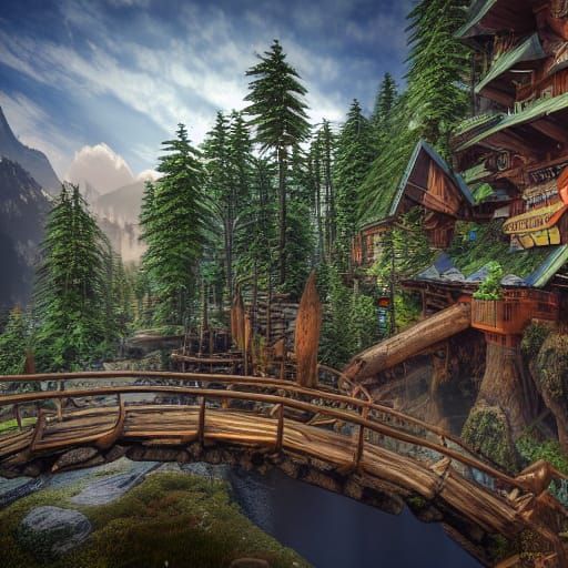 Mountain Village Square with Log Architecture