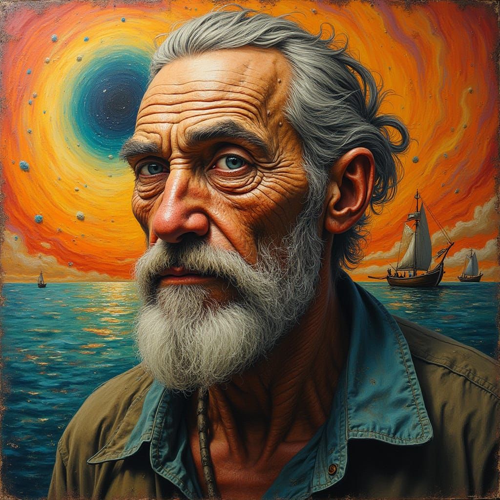 Surreal Fisherman Portrait in Dreamlike Vortex Style