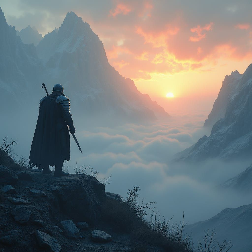 Victorious Knights in a Misty Mountain Landscape at Dawn
