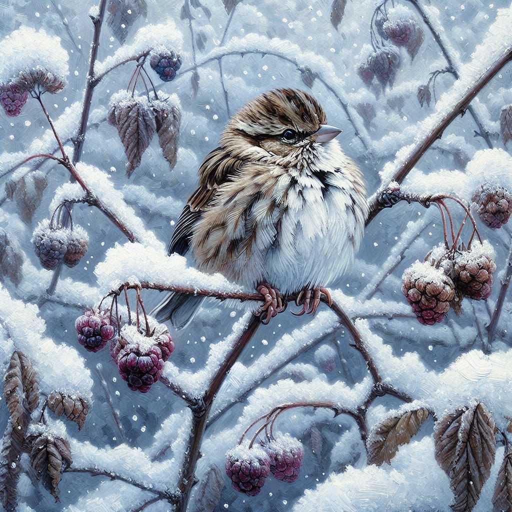 Sparrow in Winter Storm, Impasto Oil Painting