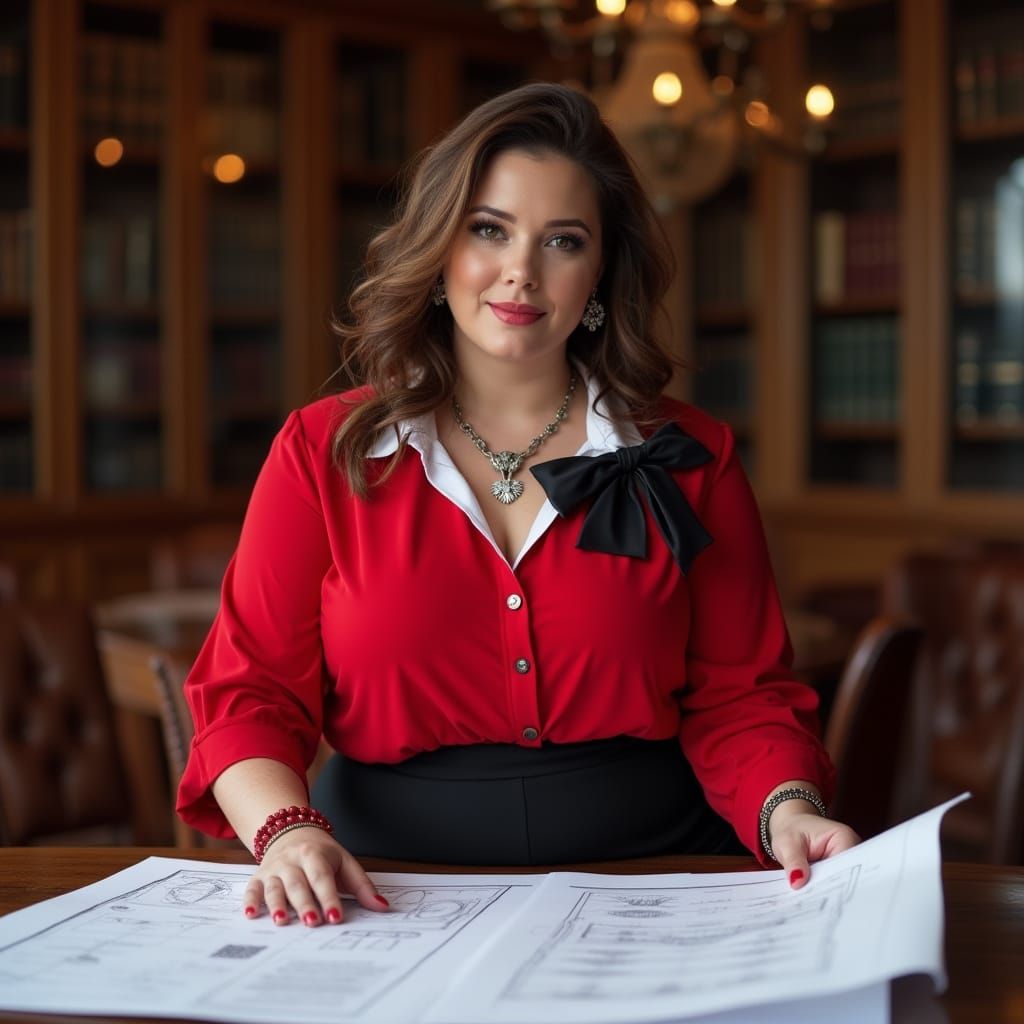 Plus-Size Polish Engineer Examines Blueprints in Elegant Lib...