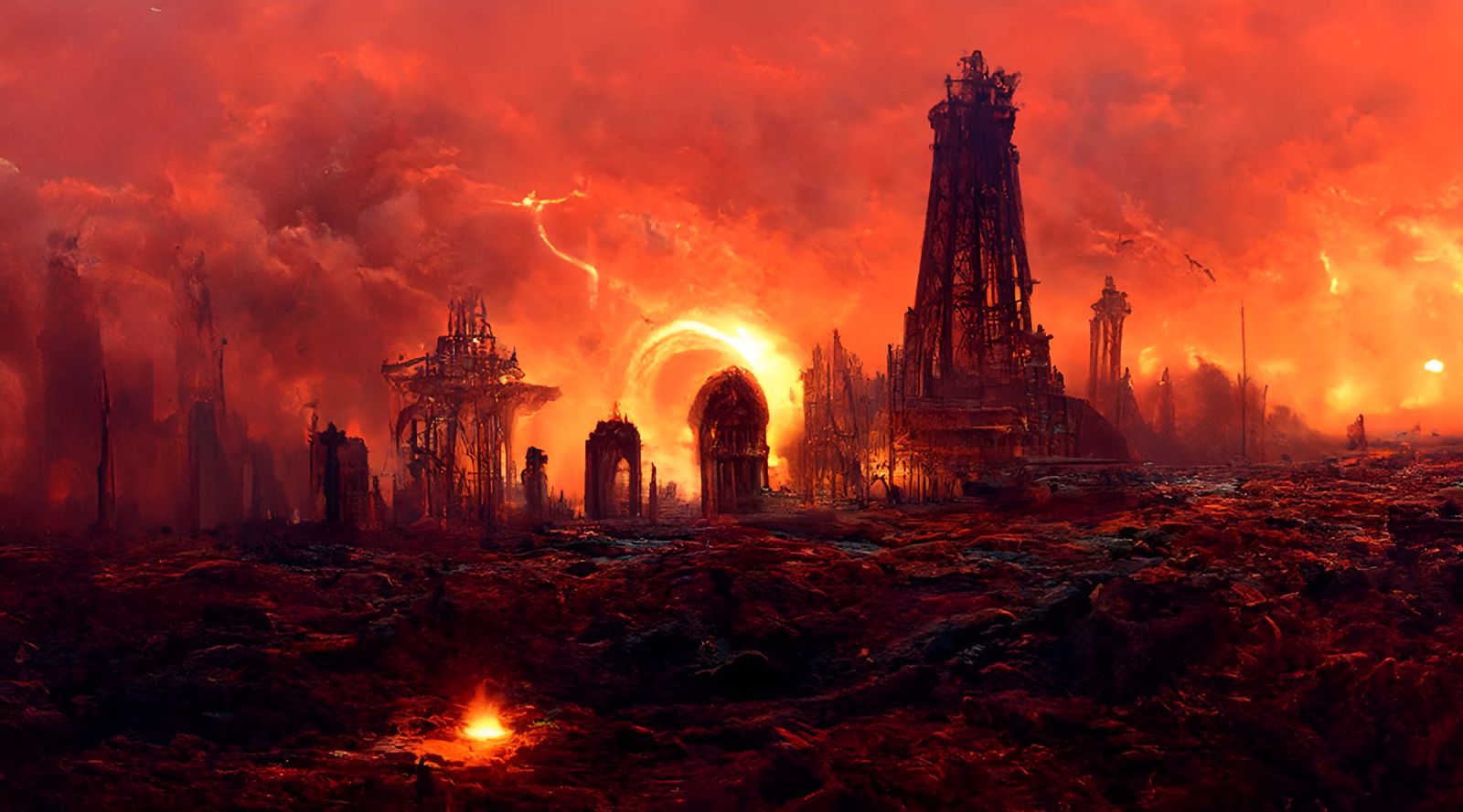 Fiery Apocalyptic Sci-Fi Ruins Landscape