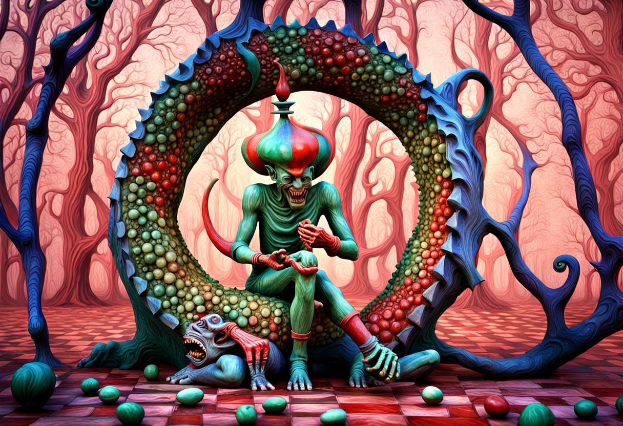 two crazy jesters laughing, H.R. Giger, psychedelic 3D chess...