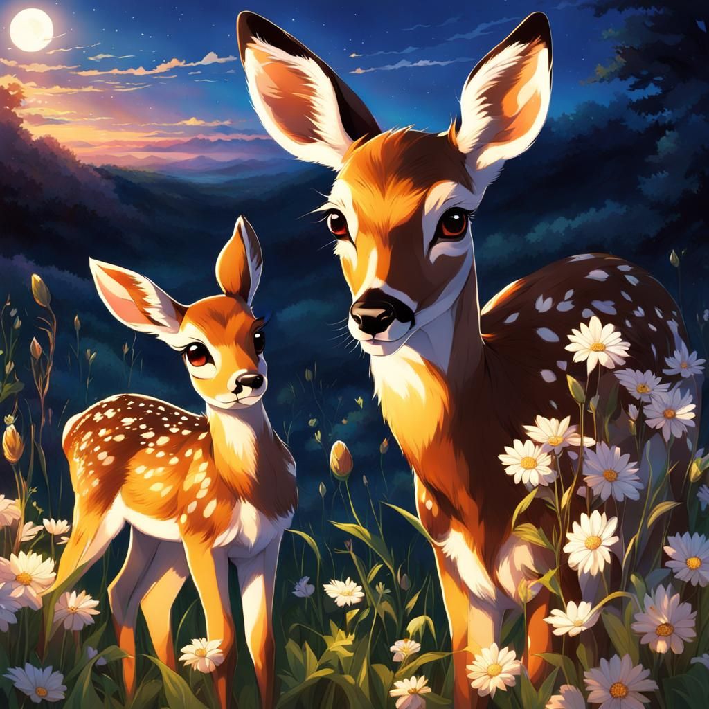 Doe and Fawn in Spring Meadow: Anime Style